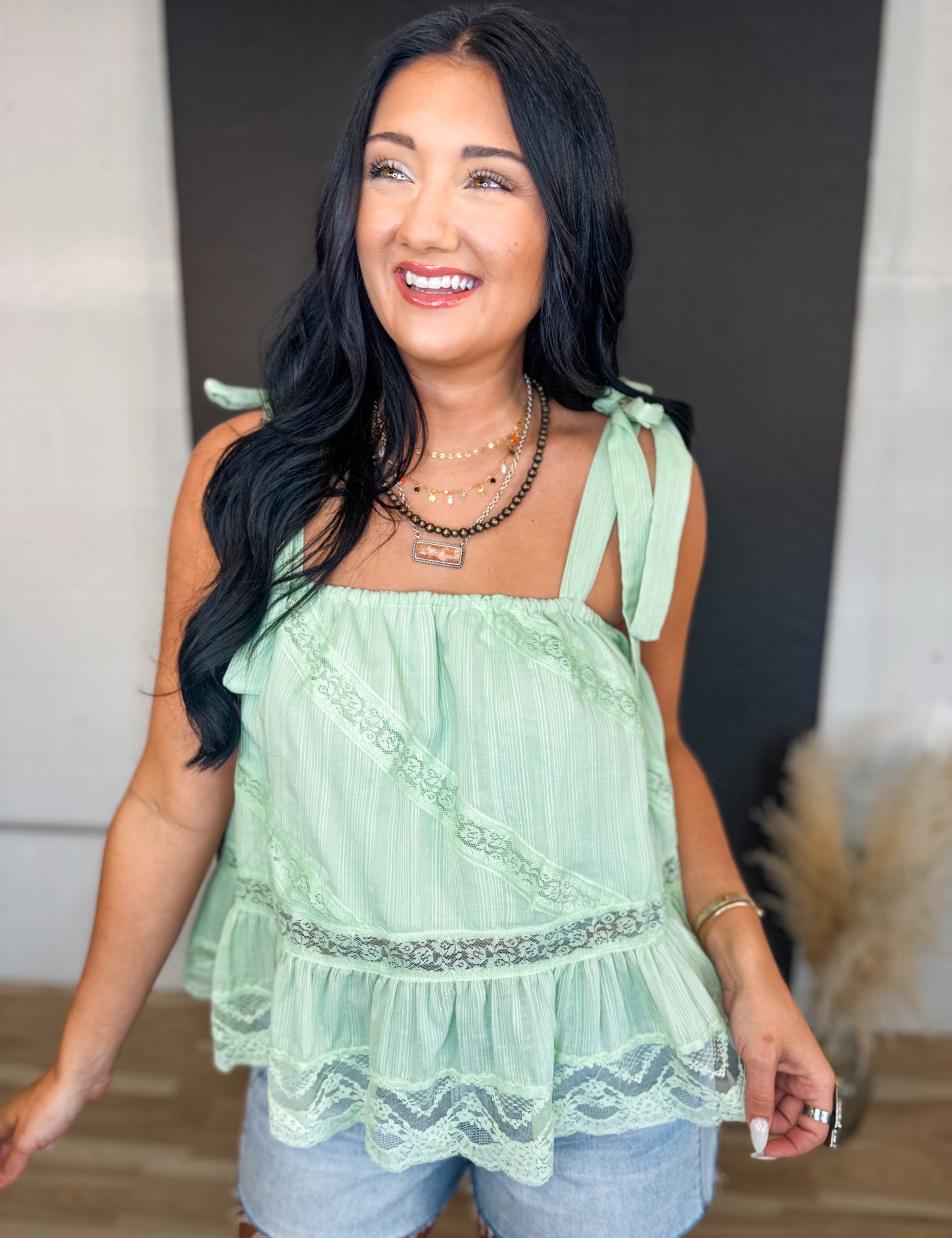 Lace Detail Shoulder Tie Tank Top - Mint - Lace and Grace Boutique