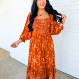 Textured Floral Smocked Maxi Dress - Burnt Orange