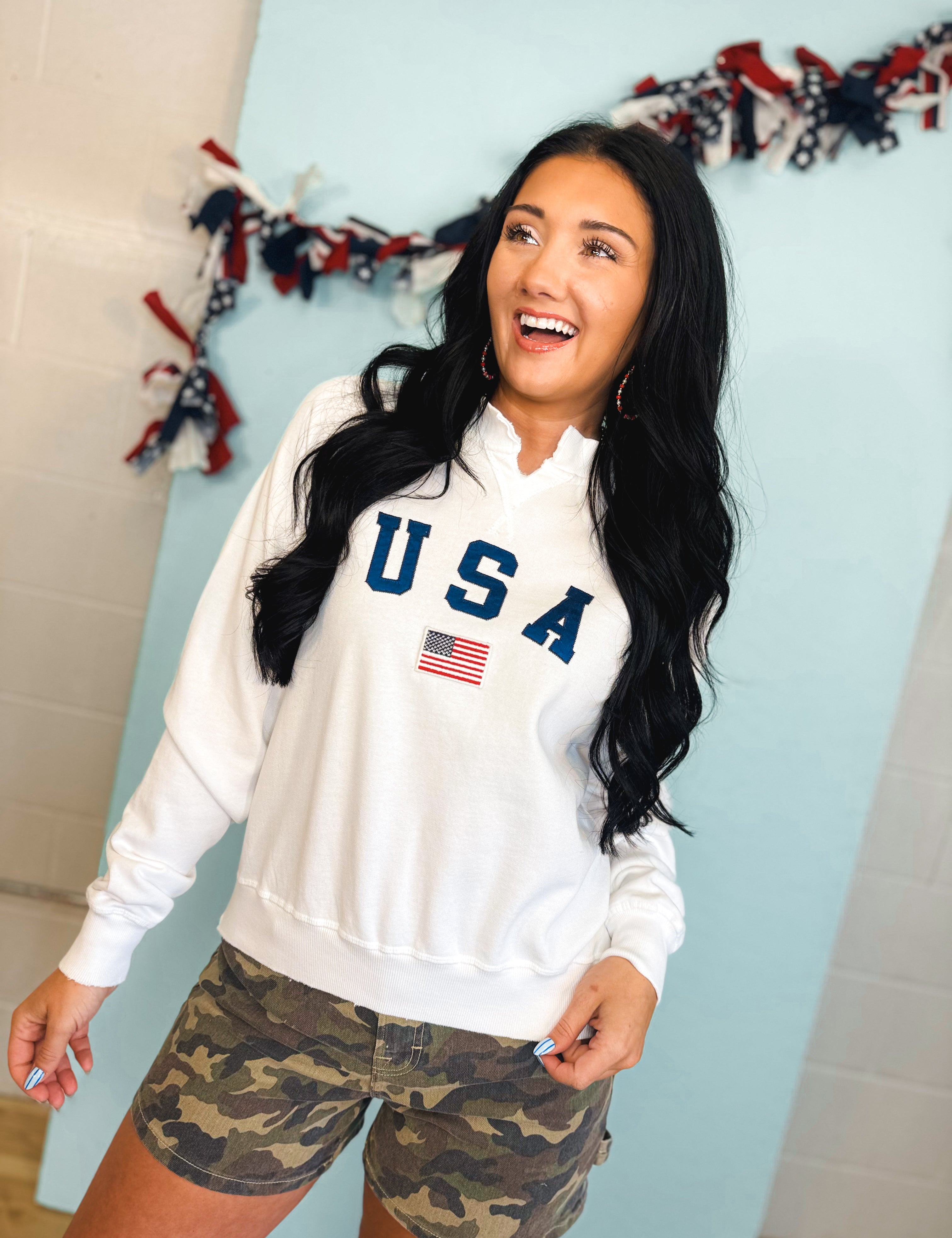 Simply Southern USA Embroidered Crewneck - White - Lace and Grace Boutique