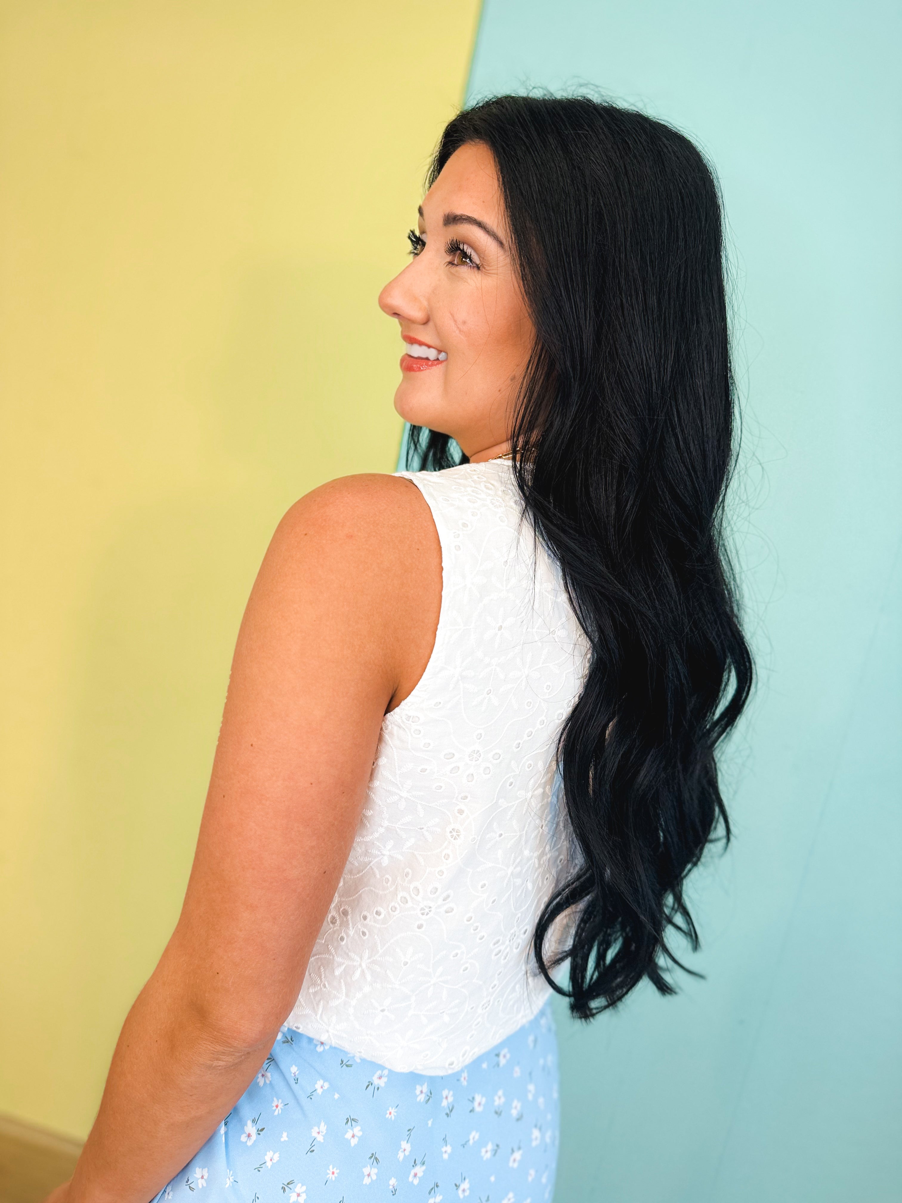 Floral Eyelet Button Up Tank Top - Off White - Lace and Grace Boutique