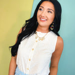 Floral Eyelet Button Up Tank Top - Off White - Lace and Grace Boutique