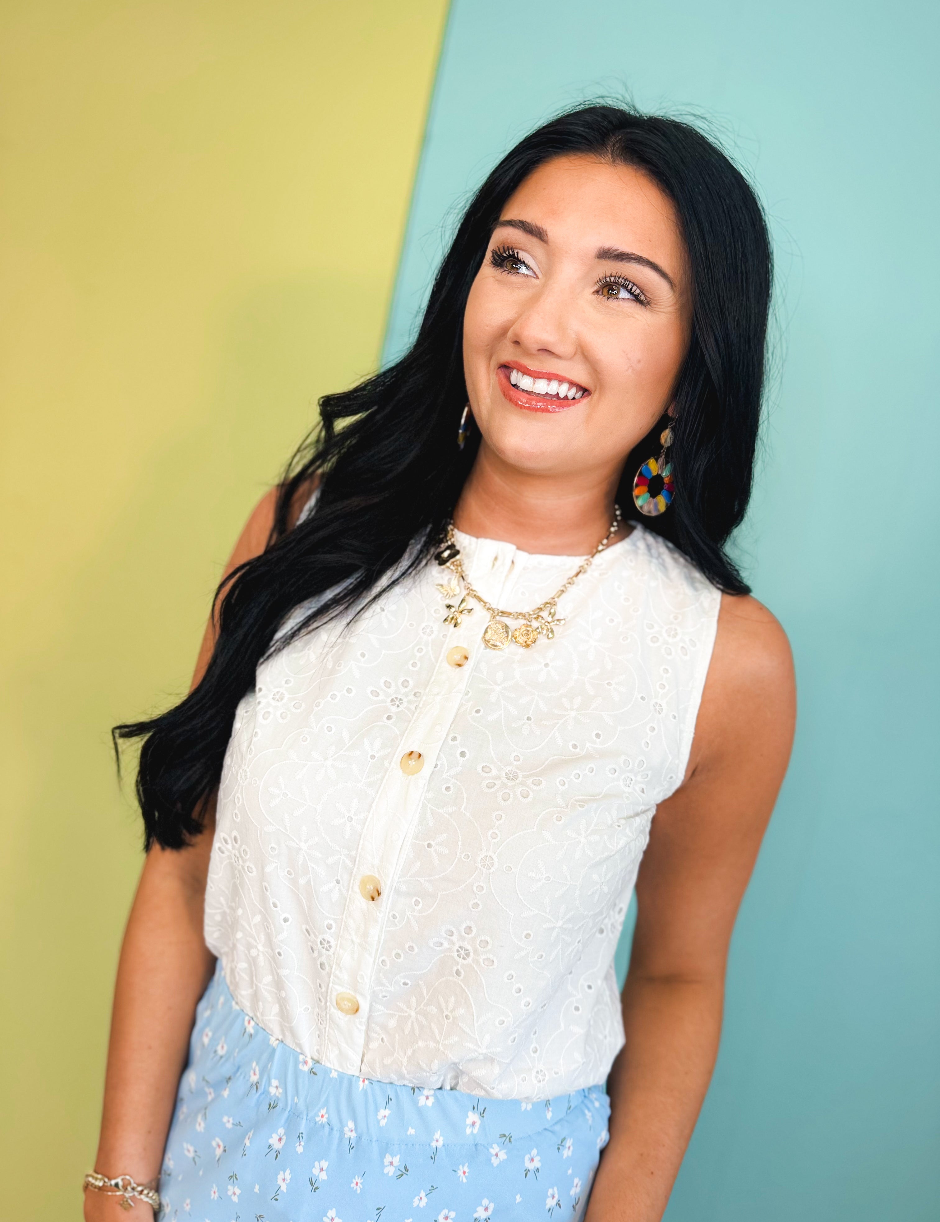 Floral Eyelet Button Up Tank Top - Off White - Lace and Grace Boutique