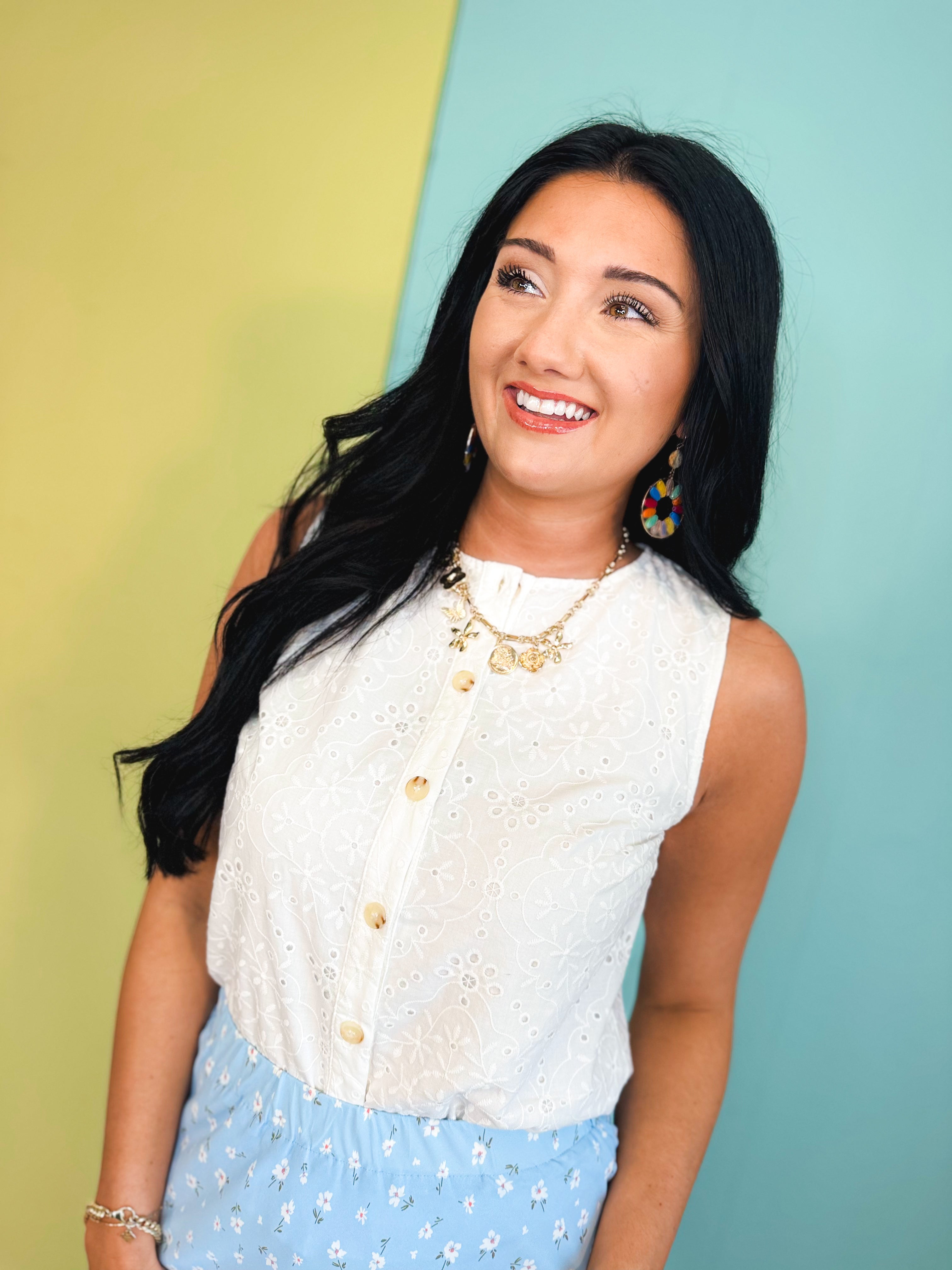 Floral Eyelet Button Up Tank Top - Off White - Lace and Grace Boutique