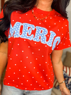 America Polka Dot Knit Short Sleeve Top - Red - Lace and Grace Boutique