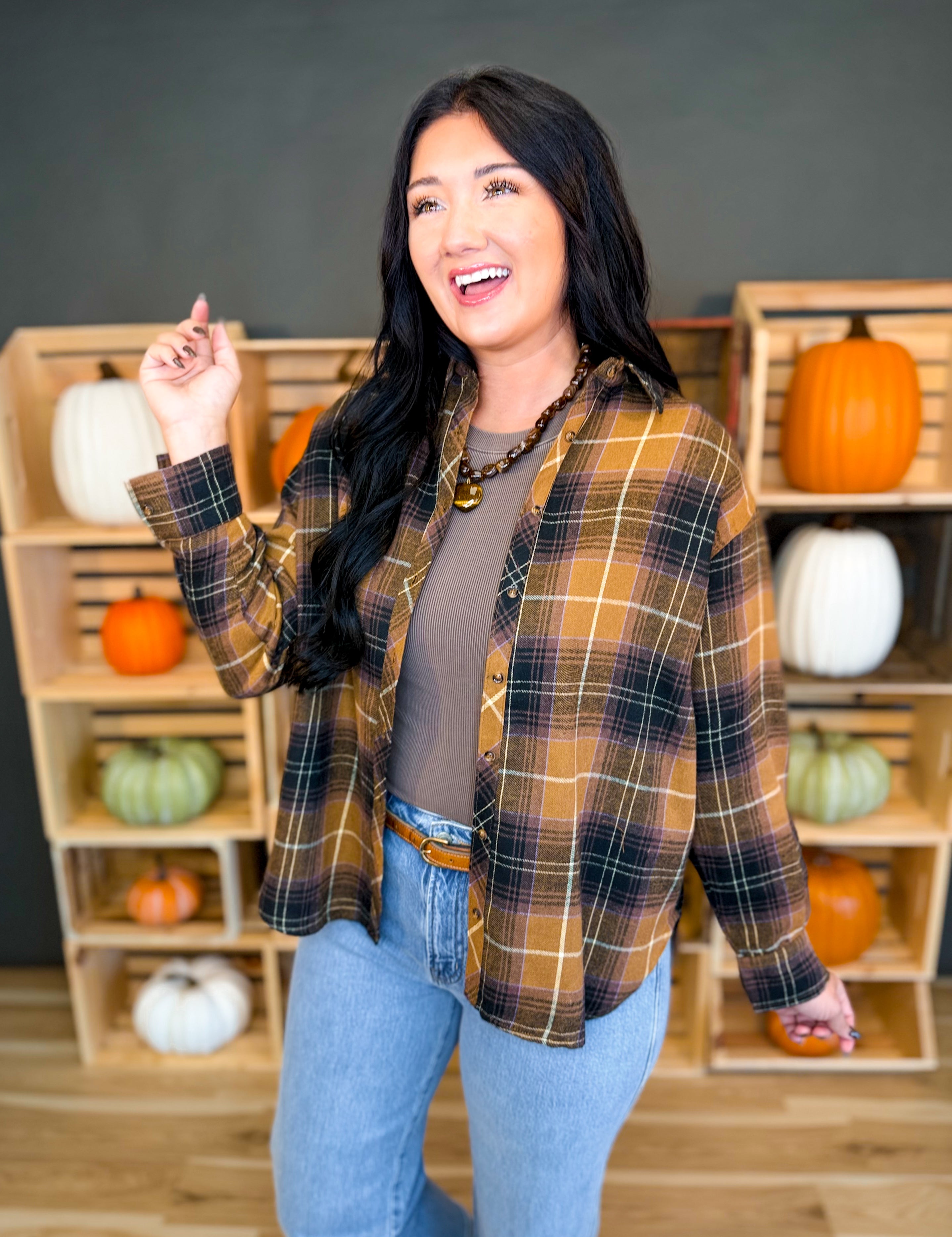 Tartan Plaid Button Down Flannel Top - Latte - Lace and Grace Boutique