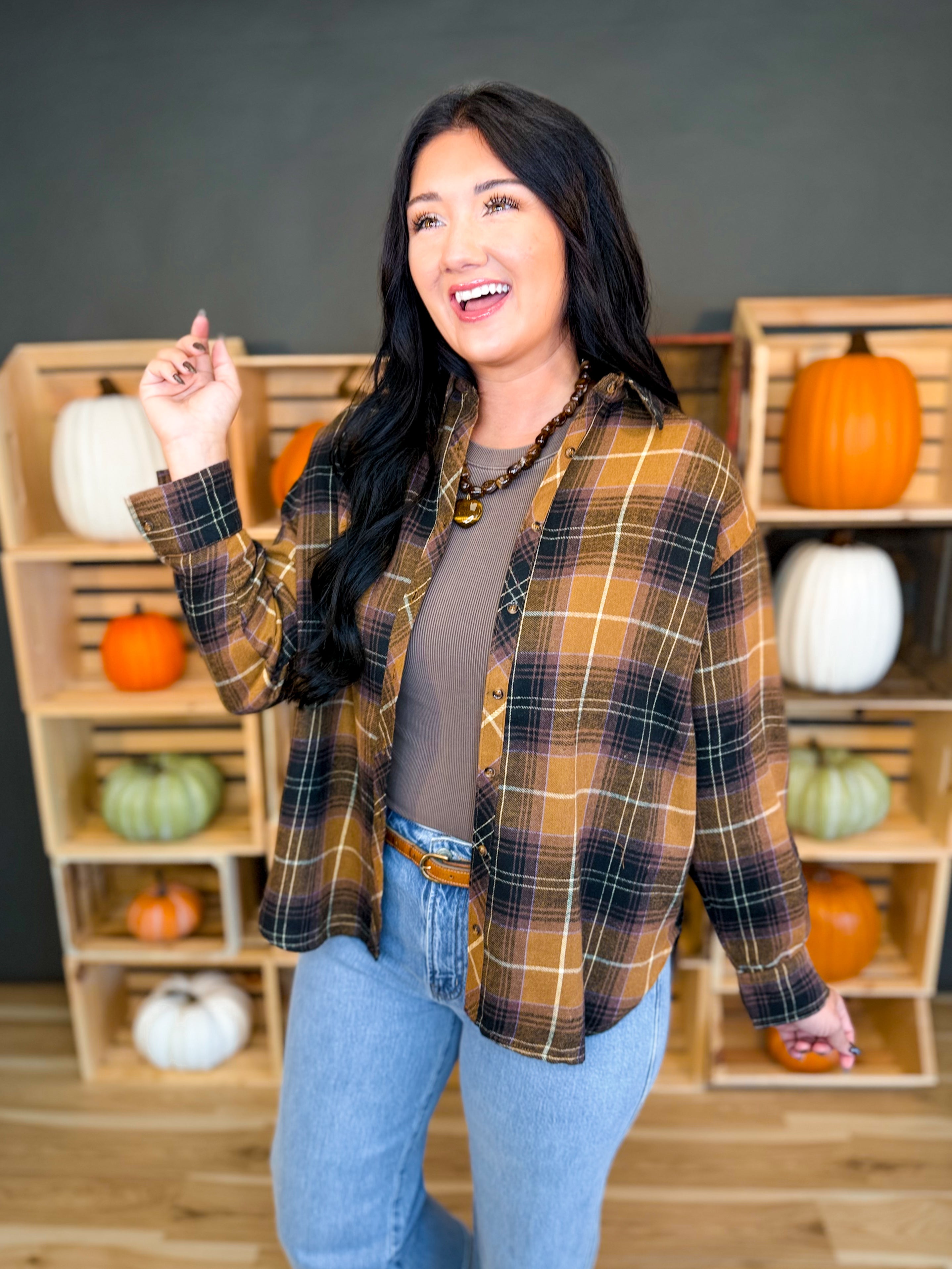 Tartan Plaid Button Down Flannel Top - Latte - Lace and Grace Boutique