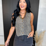 Button Up Leopard Denim Vest - Lace and Grace Boutique