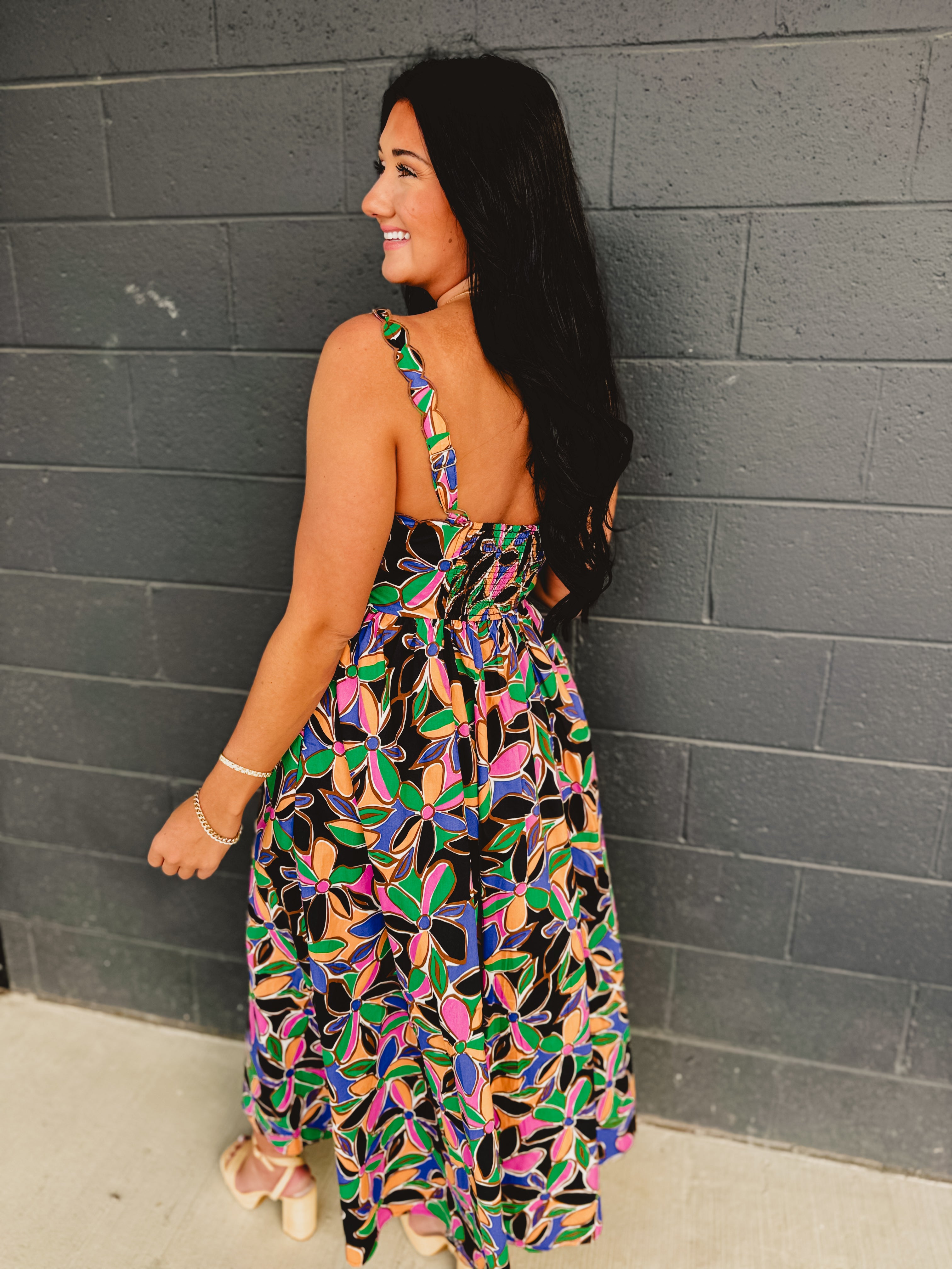 Floral Printed Scalloped Trim Maxi Dress - Multicolor - Lace and Grace Boutique