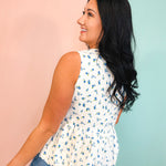 Floral Print Front Bow Balloon Hem Blouse - Ivory/Blue - Lace and Grace Boutique