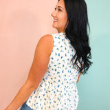 Floral Print Front Bow Balloon Hem Blouse - Ivory/Blue - Lace and Grace Boutique