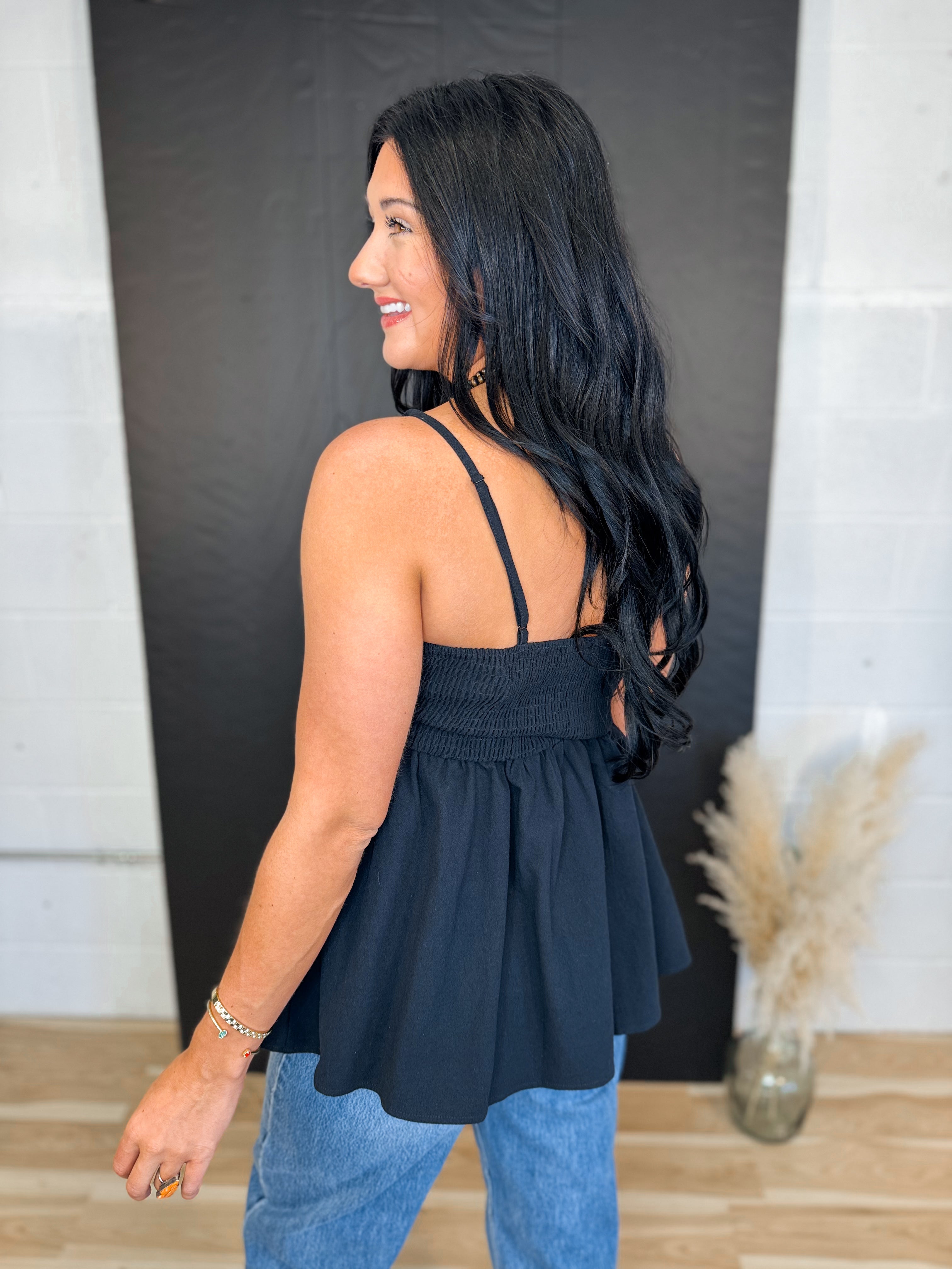 Floral Embroidered Peplum Tank Top - Black - Lace and Grace Boutique