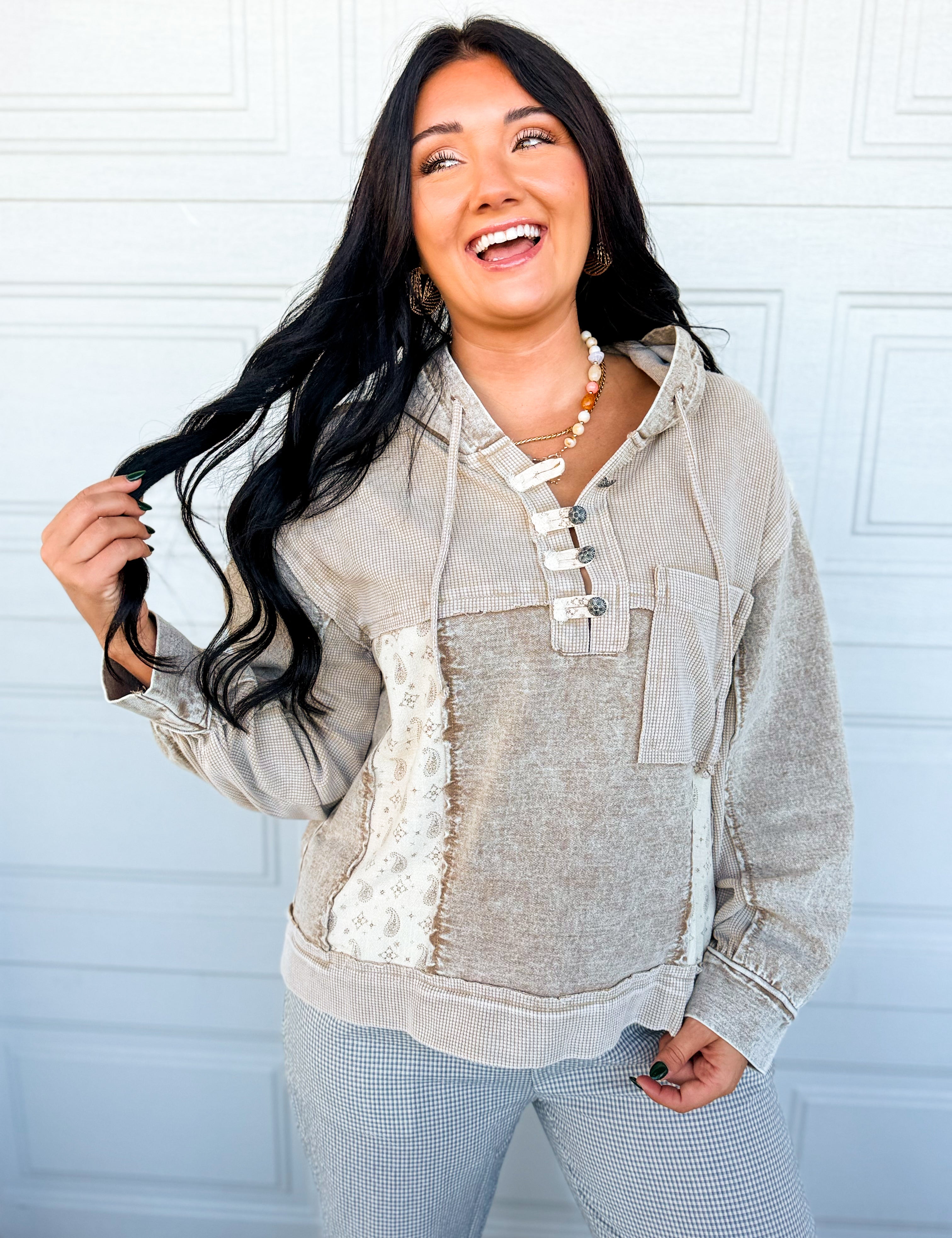 POL Patchwork Henley Button Hoodie - Dusty Chocolate - Lace and Grace Boutique