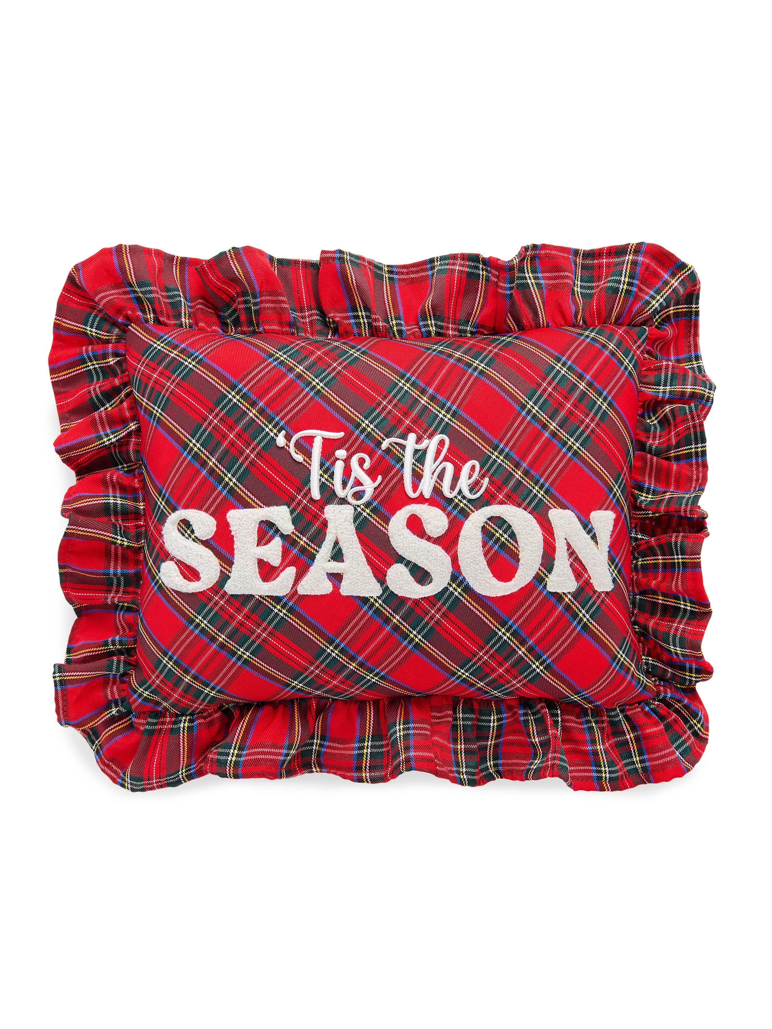 Plaid Christmas accent pillow reading Tis the Season with a ruffle edge