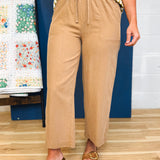 Tencel Drawstring Cropped Wide Leg Pants - Dark Sand - Lace and Grace Boutique