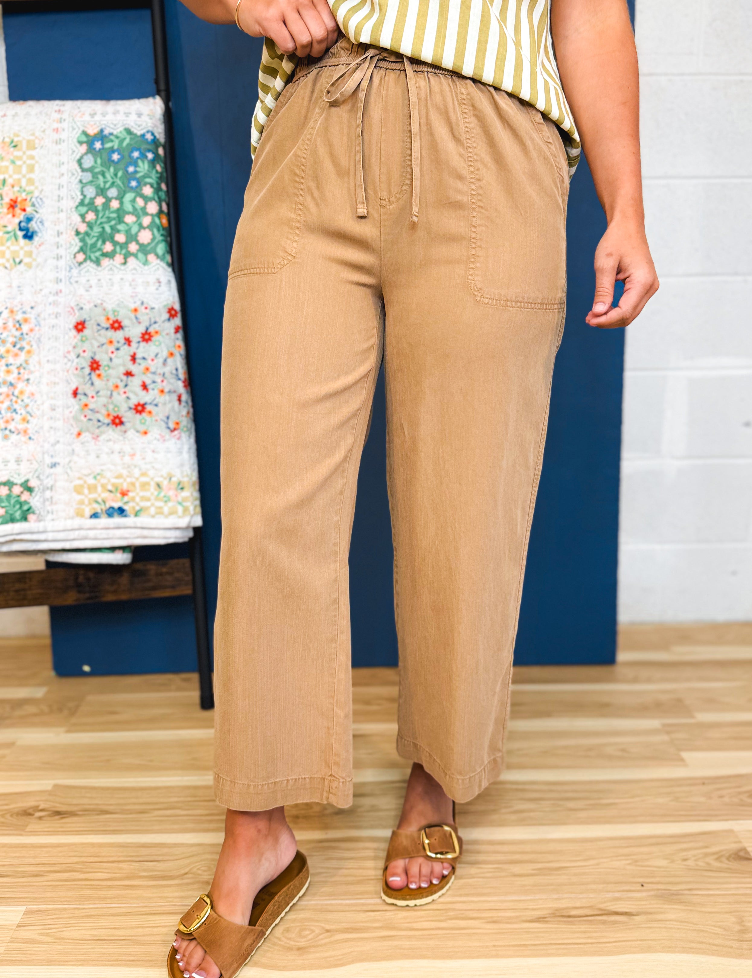 Tencel Drawstring Cropped Wide Leg Pants - Dark Sand - Lace and Grace Boutique