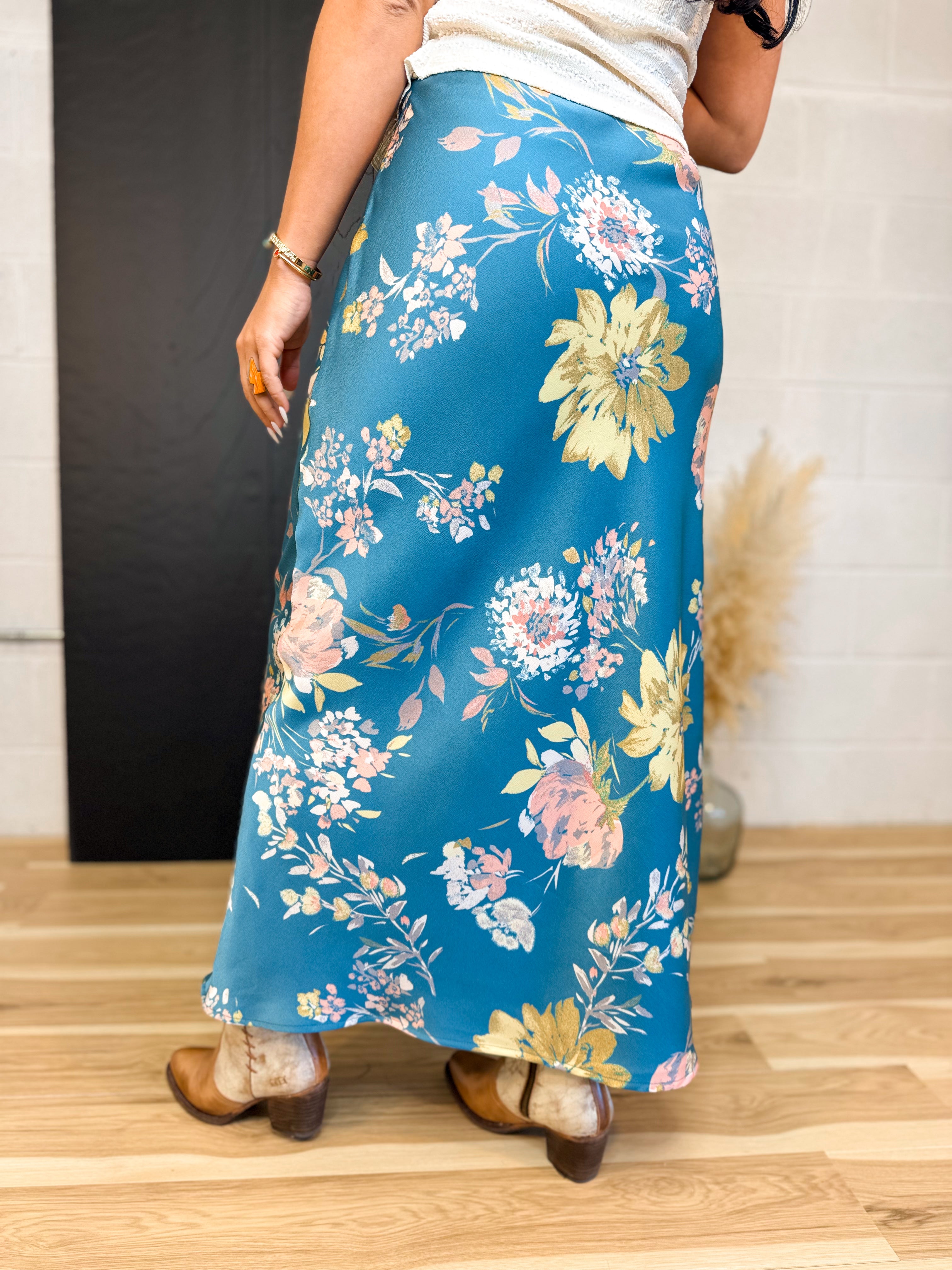 Textured Floral Bias-Cut Maxi Skirt - Tropical Teal - Lace and Grace Boutique
