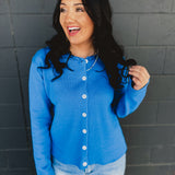 Raw Edge Neckline Button-Up Cardigan - Royal Blue
