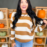 Striped Drop Shoulder Knit Sweater - Deep Camel - Lace and Grace Boutique