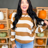 Striped Drop Shoulder Knit Sweater - Deep Camel - Lace and Grace Boutique