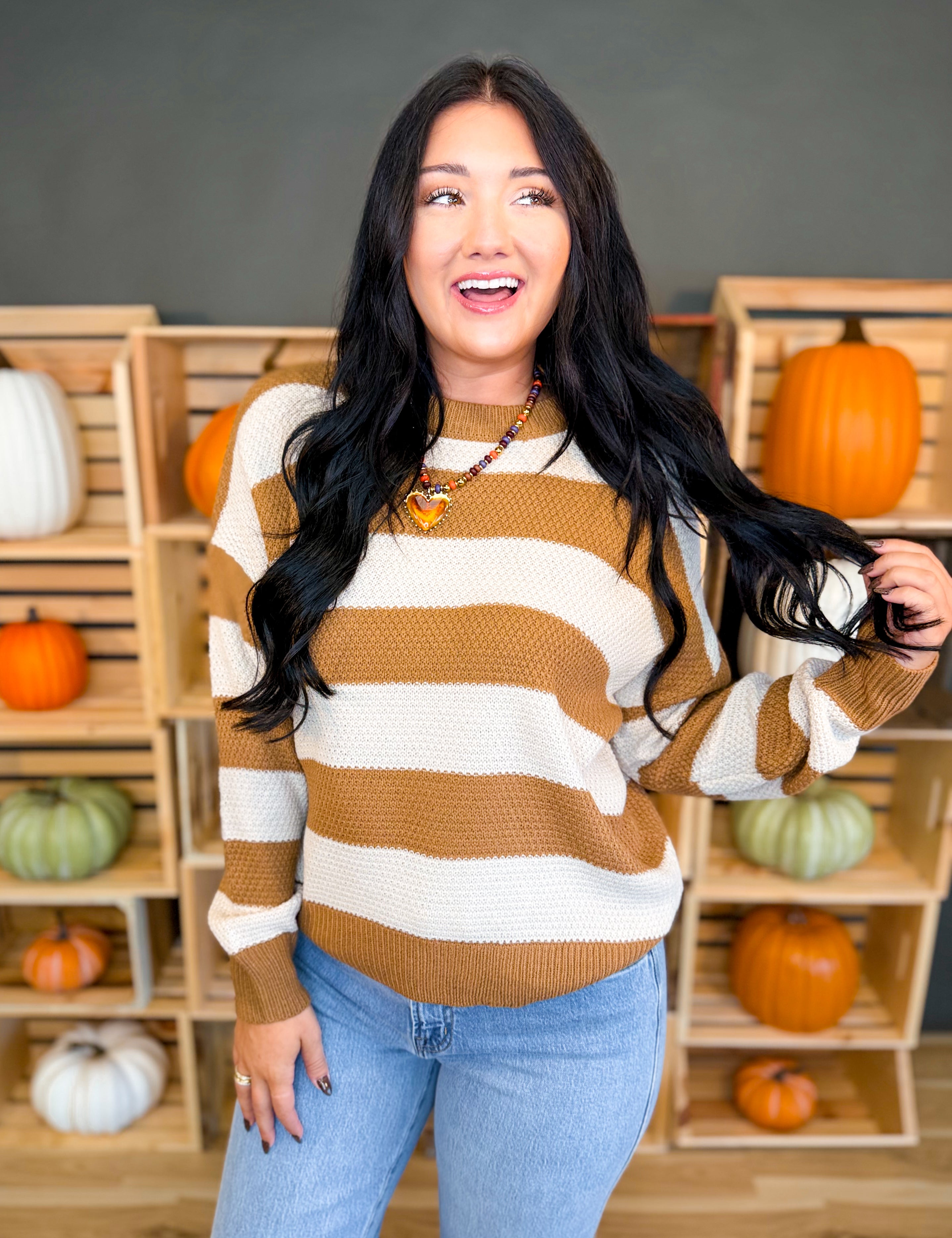 Striped Drop Shoulder Knit Sweater - Deep Camel - Lace and Grace Boutique