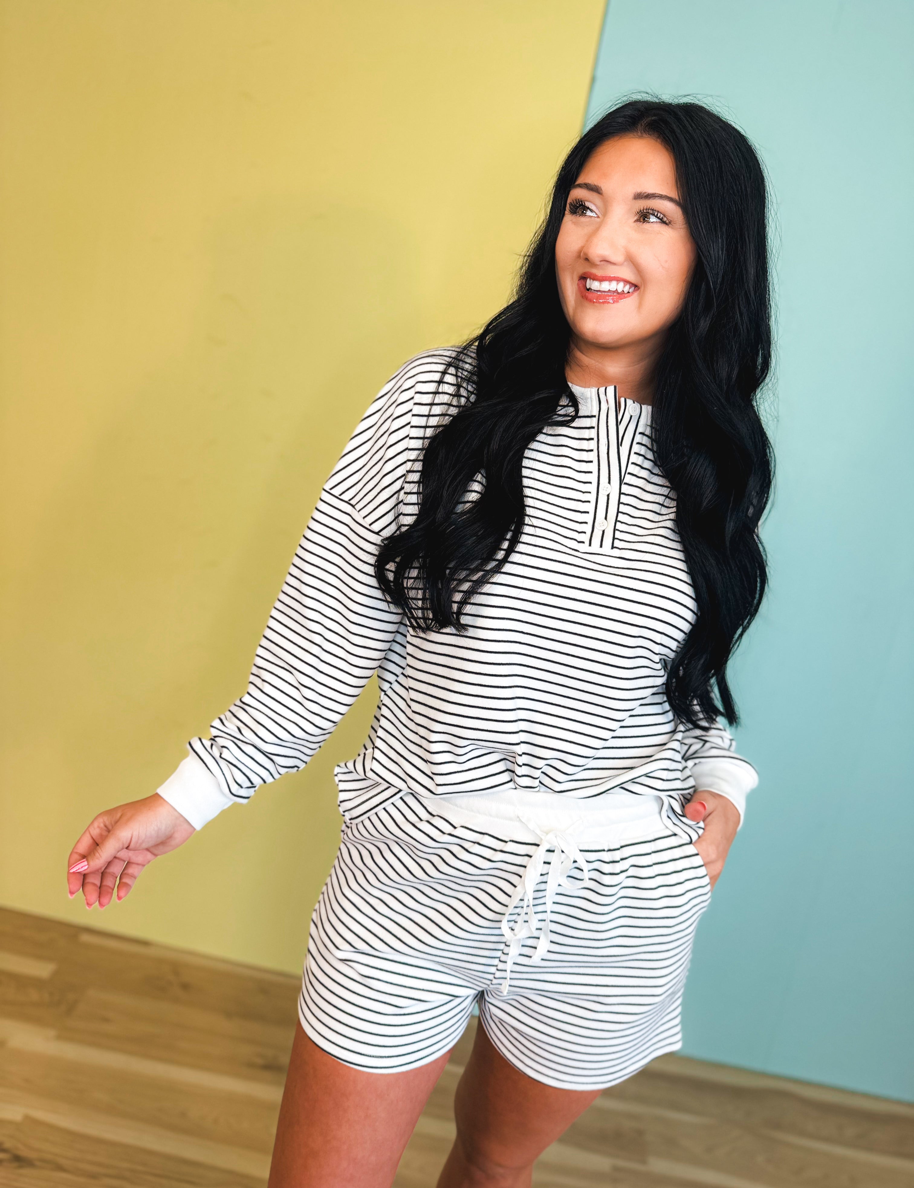 Cozy Coast Pinstripe Two Piece Short Set - Ivory - Lace and Grace Boutique