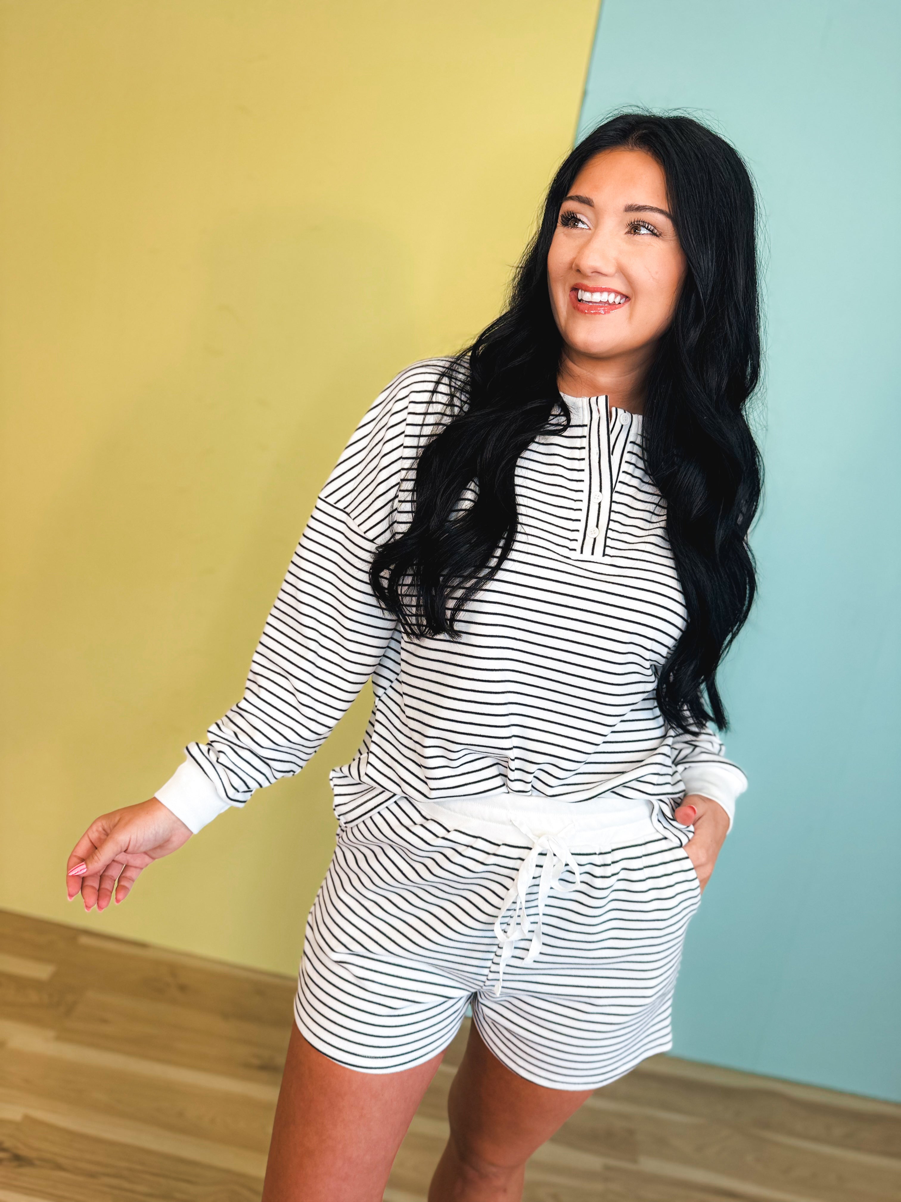 Cozy Coast Pinstripe Two Piece Short Set - Ivory - Lace and Grace Boutique