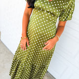 Polka Dot Flutter Sleeve Maxi Dress - Olive - Lace and Grace Boutique