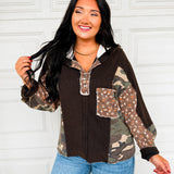 POL Floral & Camo Contrast Thermal Hooded Knit Top - Black
