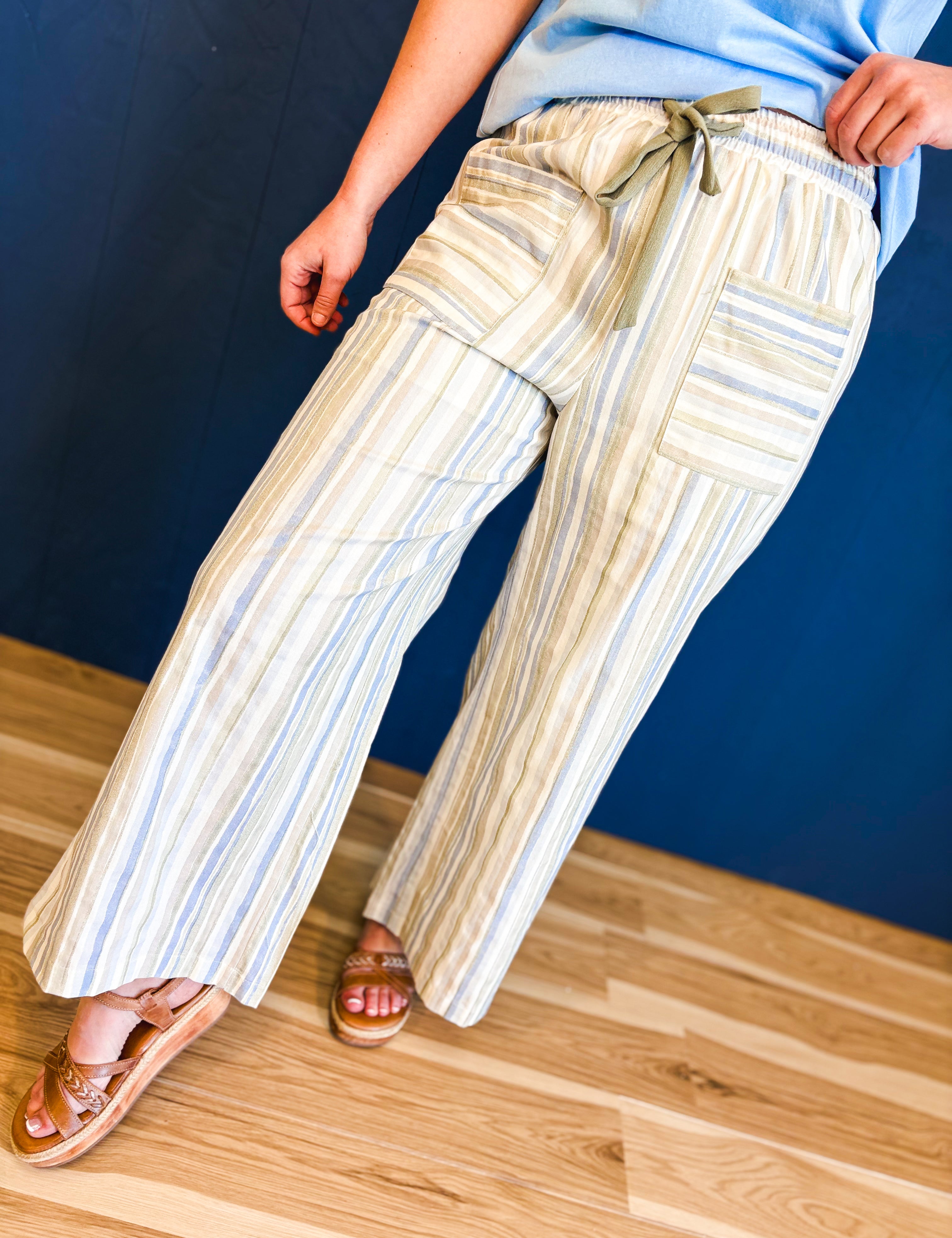 Multi Stripe Patch Pocket Wide Leg Pants - Dried Sage Multi - Lace and Grace Boutique