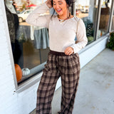 Checkered Plaid Printed Relaxed Wide Leg Pants - Brown
