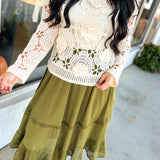 Crinkled Woven Lace Detail Midi Skirt - Olive