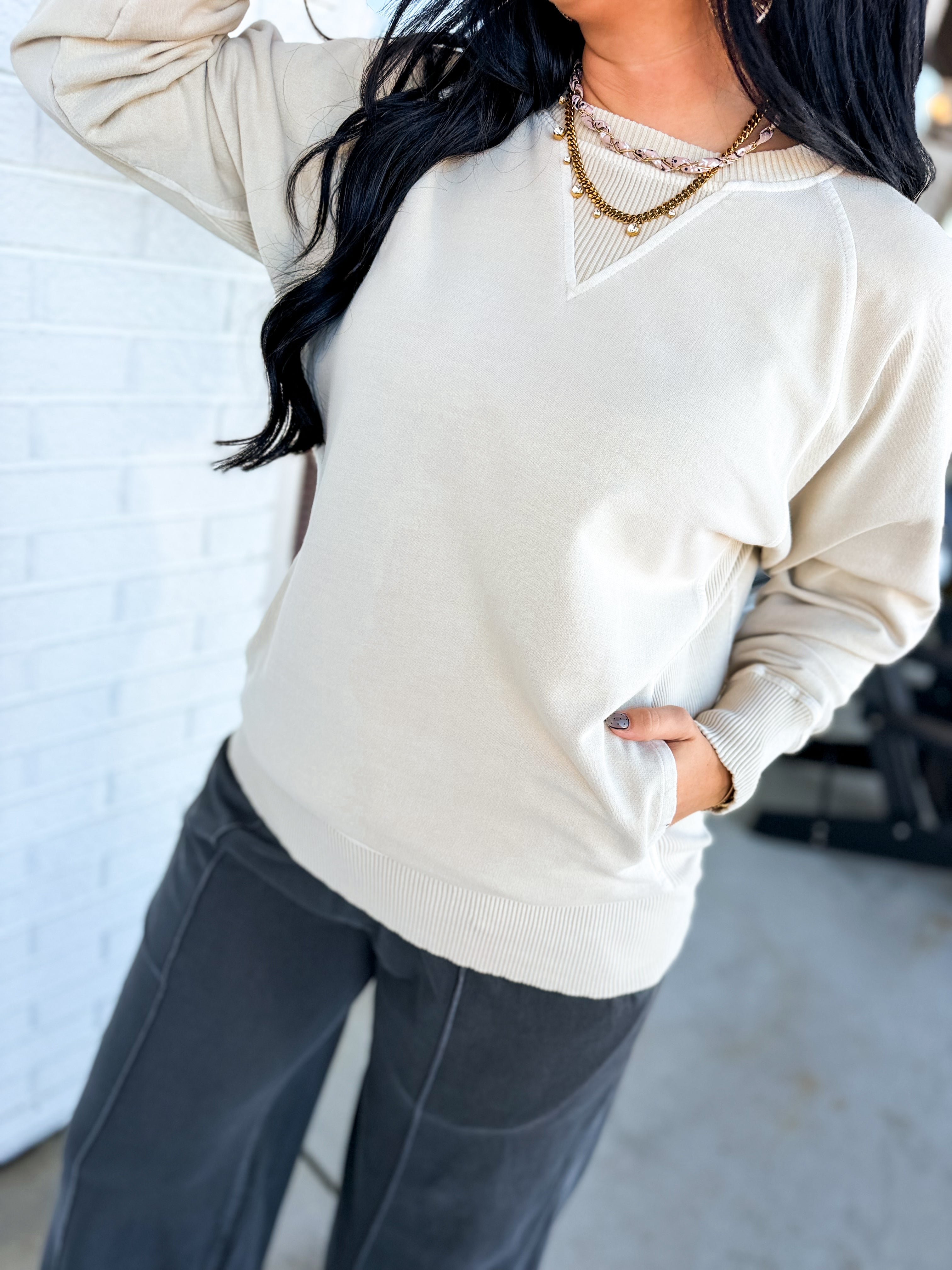 Pigment Dyed French Terry Pullover - Sand Beige - Lace and Grace Boutique