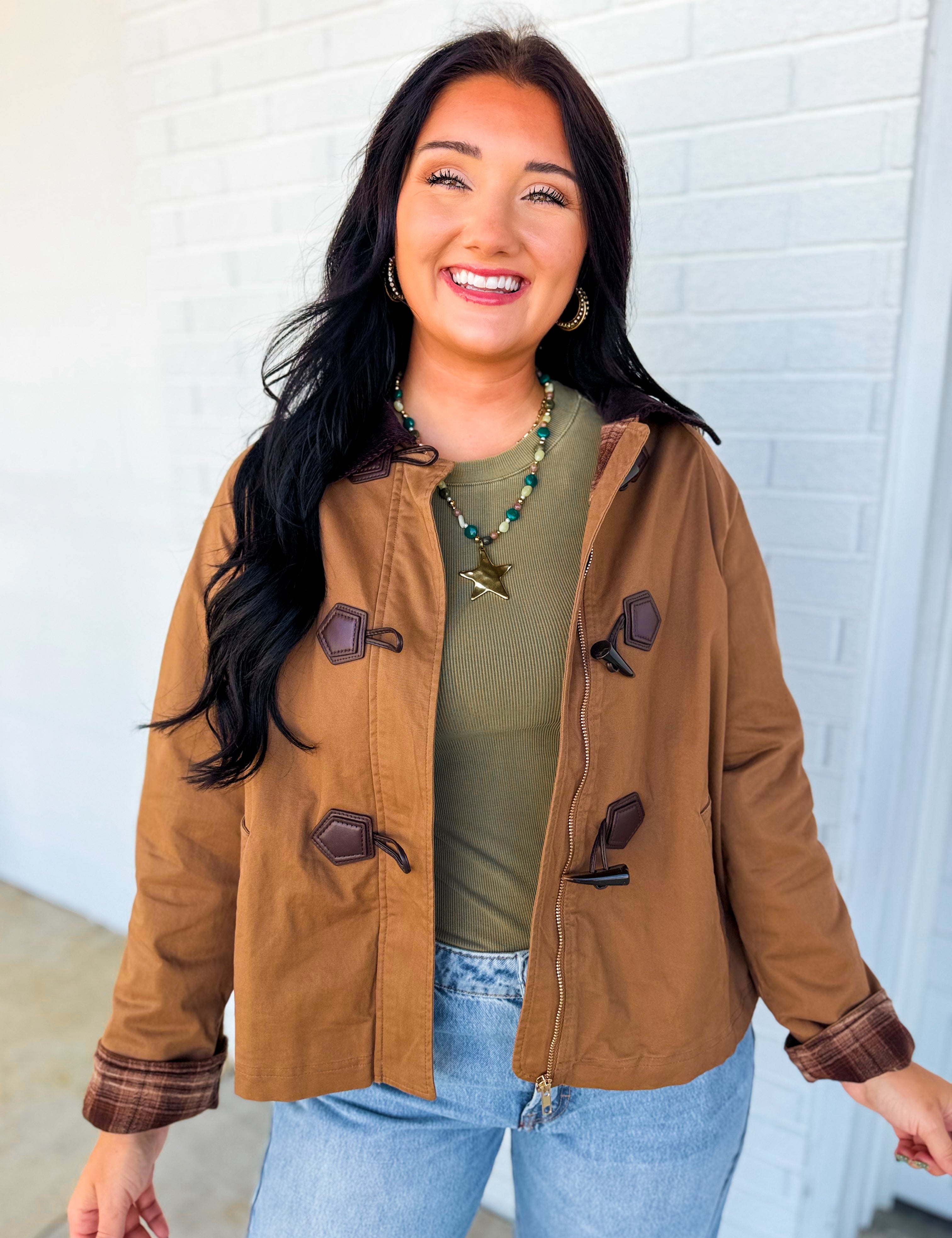 Toggle Zip Up Barn Jacket - Earthy Bark - Lace and Grace Boutique