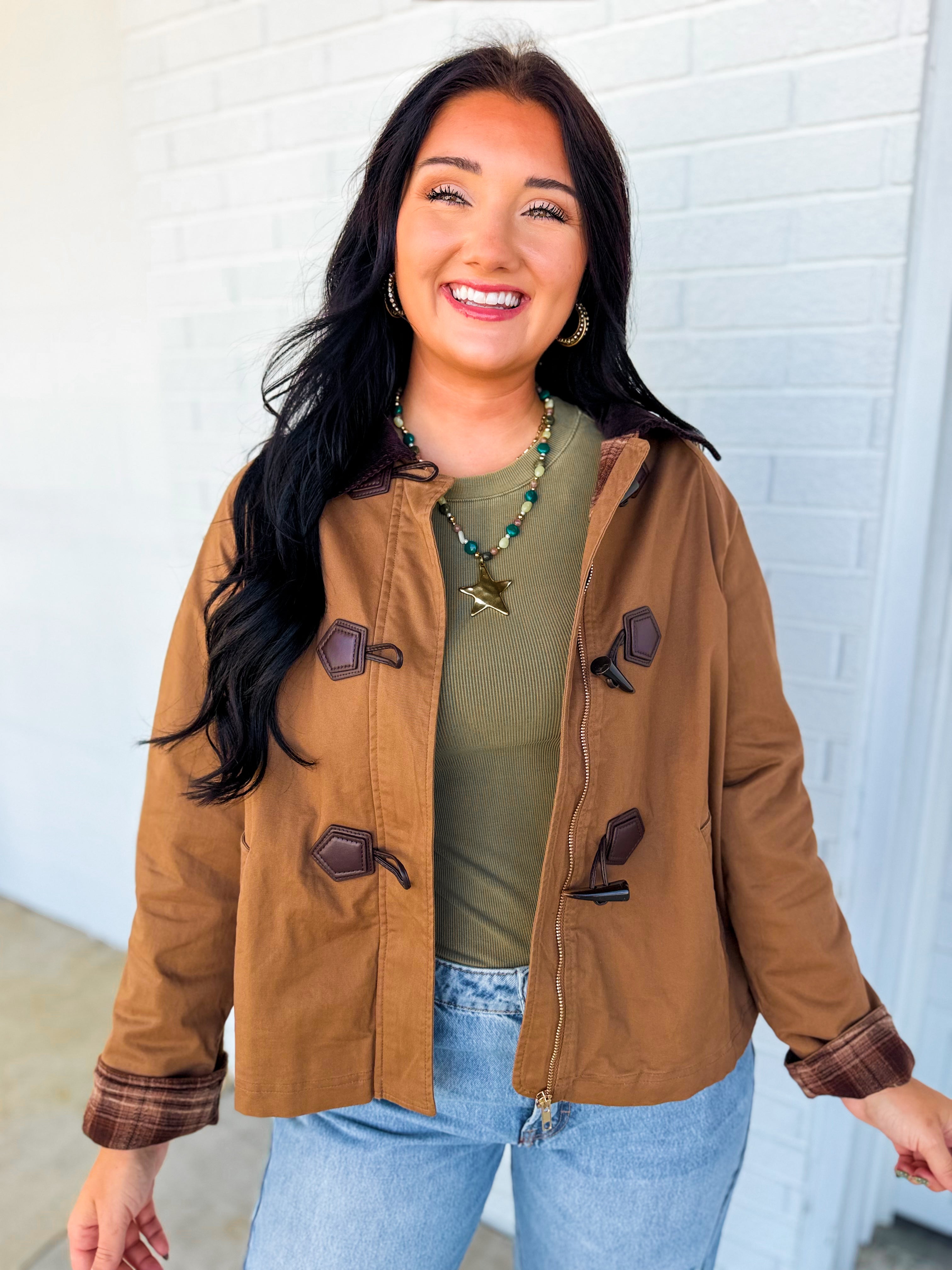 Toggle Zip Up Barn Jacket - Earthy Bark - Lace and Grace Boutique
