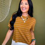 Striped Cotton Linen Short Sleeve Top - Camel/White - Lace and Grace Boutique