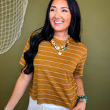 Striped Cotton Linen Short Sleeve Top - Camel/White - Lace and Grace Boutique