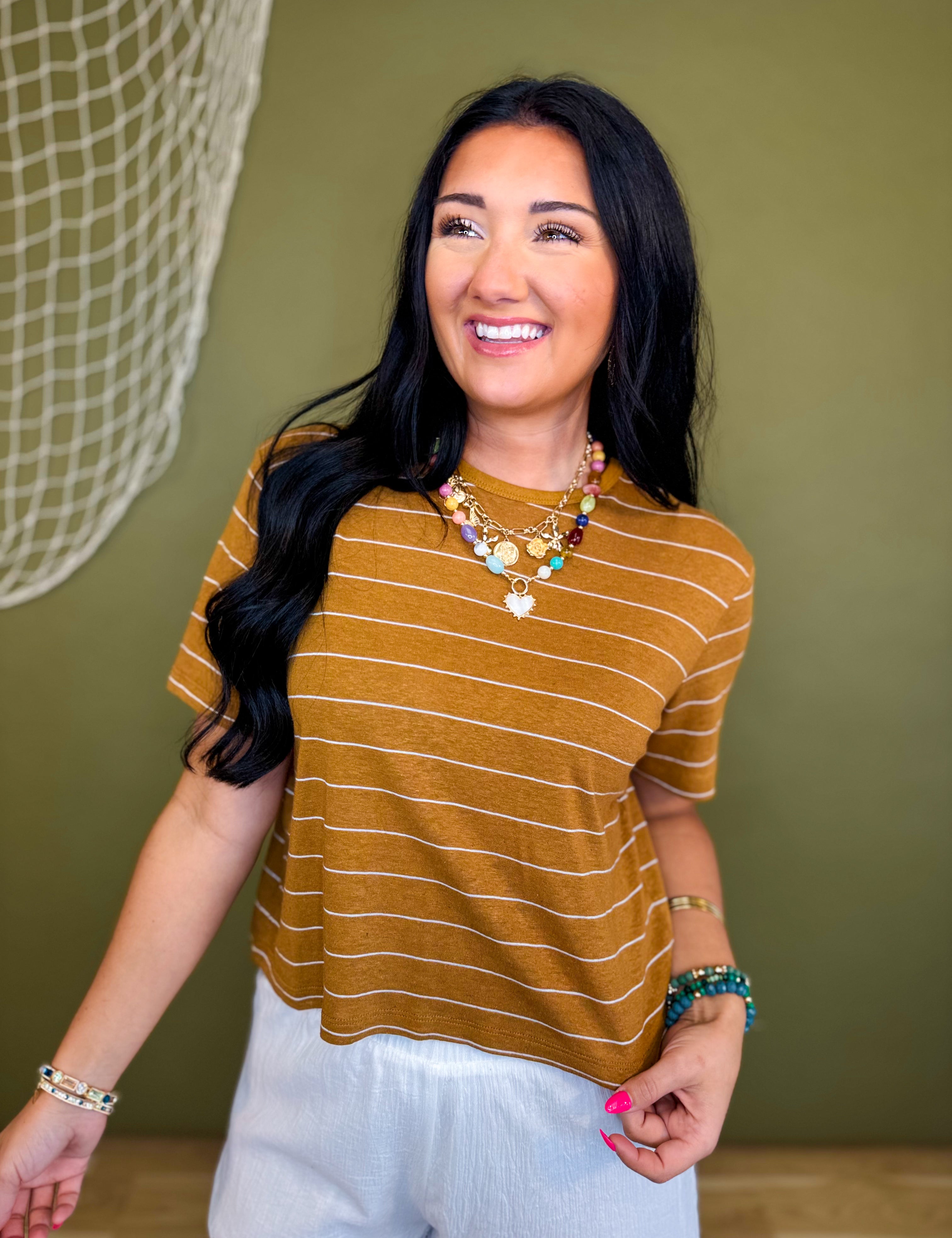 Striped Cotton Linen Short Sleeve Top - Camel/White - Lace and Grace Boutique