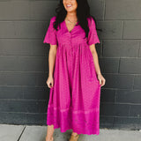 Cotton Eyelet Button Down Midi Dress - Electric Fuschia - Lace and Grace Boutique