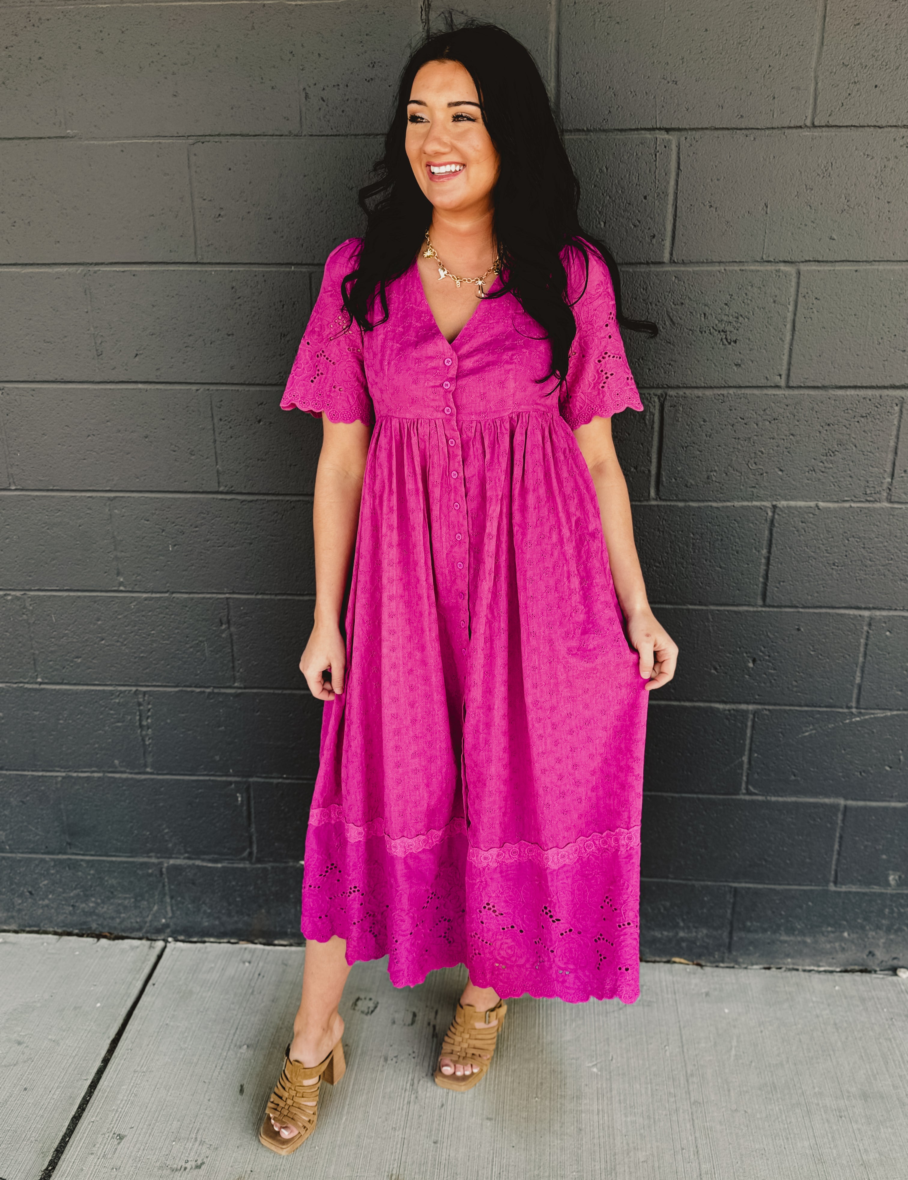 Cotton Eyelet Button Down Midi Dress - Electric Fuschia - Lace and Grace Boutique