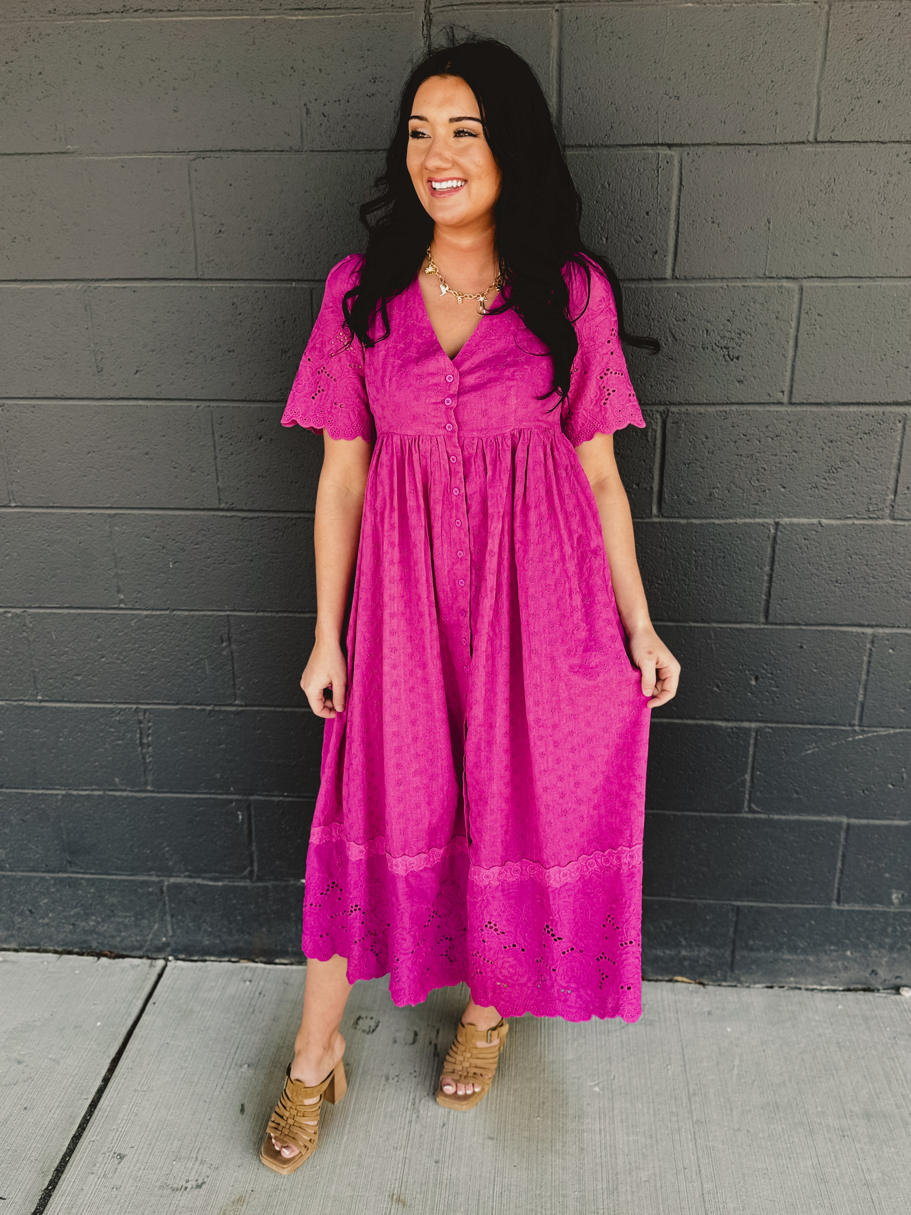 Cotton Eyelet Button Down Midi Dress - Electric Fuschia - Lace and Grace Boutique