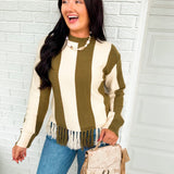 Color Block Striped Fringe Hem Knit Sweater - Olive/Ivory - Lace and Grace Boutique