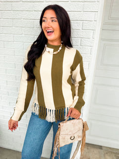 Color Block Striped Fringe Hem Knit Sweater - Olive/Ivory - Lace and Grace Boutique
