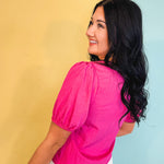 Scalloped Neck Tie Front Blouse - Pink - Lace and Grace Boutique