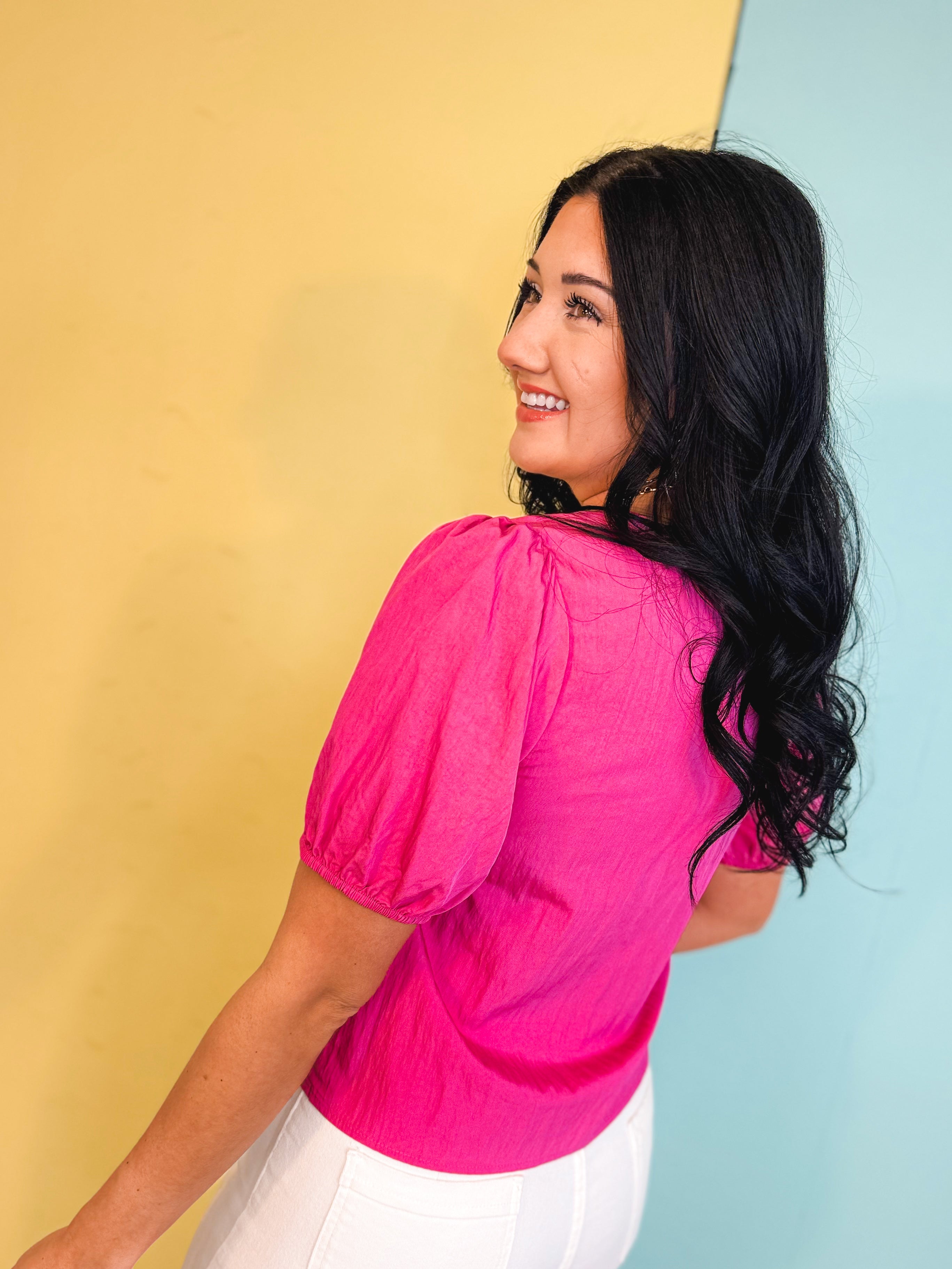 Scalloped Neck Tie Front Blouse - Pink - Lace and Grace Boutique