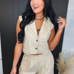 Button Up Vest & Pleated Shorts Set - Natural - Lace and Grace Boutique
