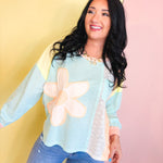 Daisy Patch Color Block Long Sleeve Top - Sky/Orange - Lace and Grace Boutique