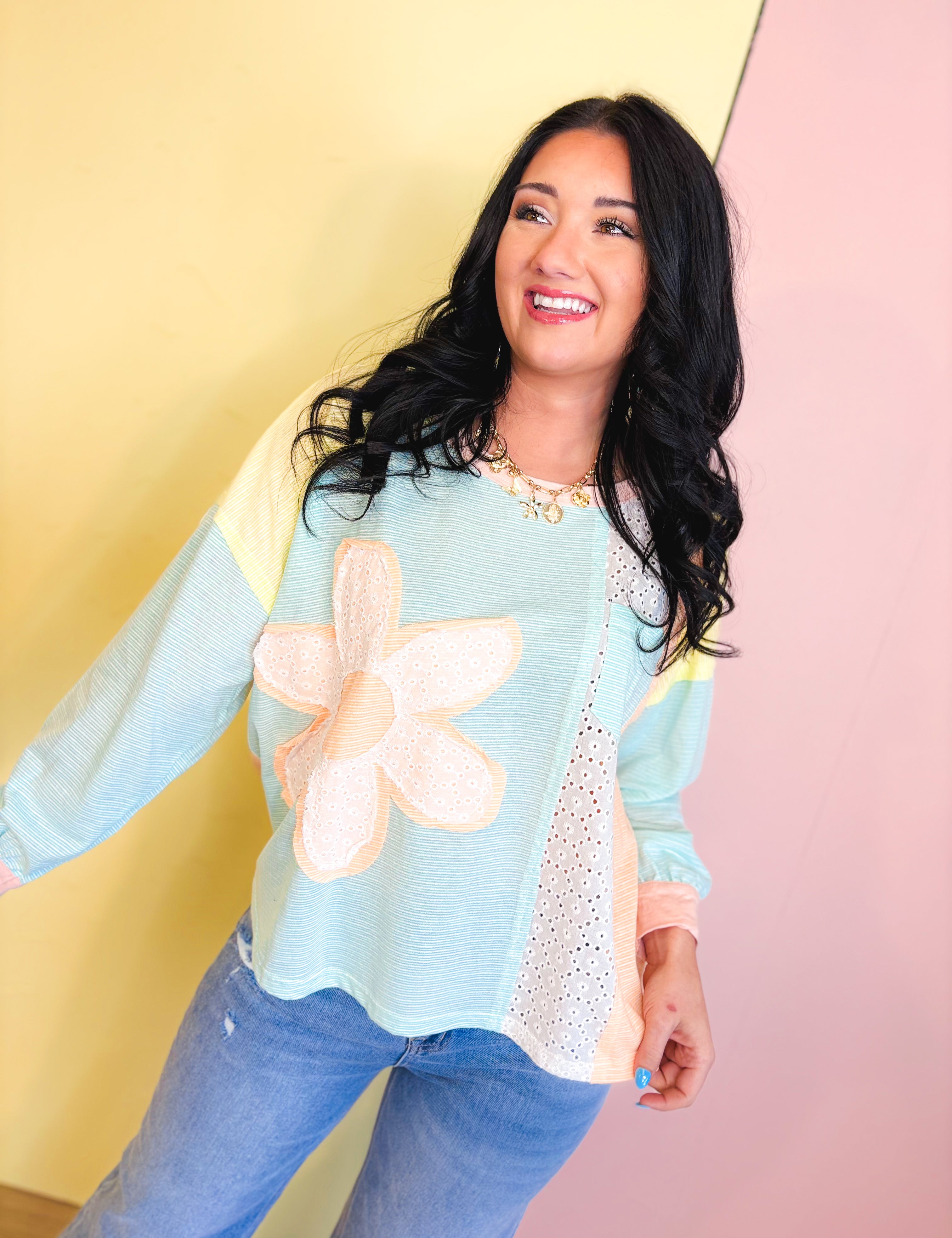 Daisy Patch Color Block Long Sleeve Top - Sky/Orange - Lace and Grace Boutique