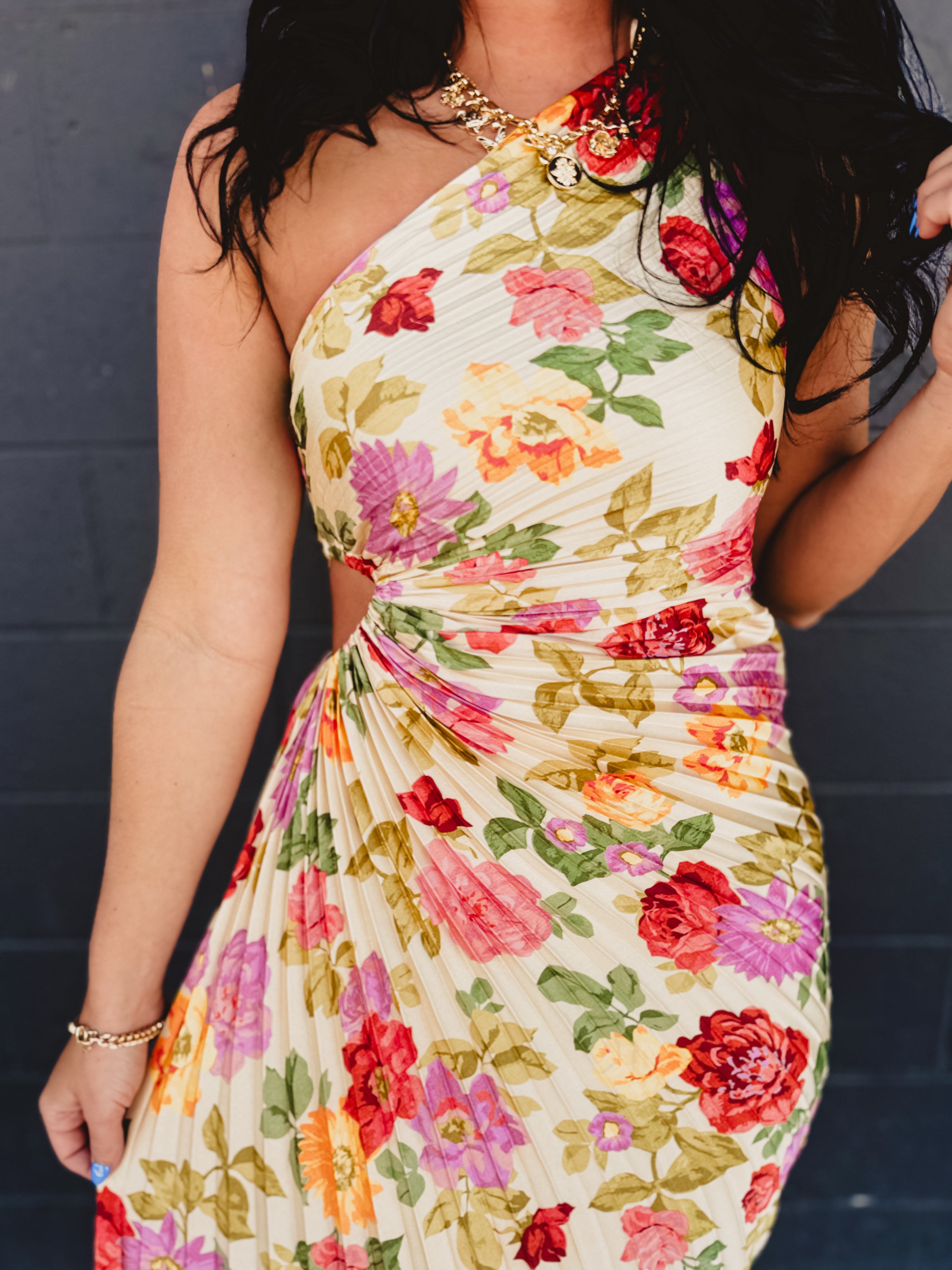 One Shoulder Asymmetrical Pleated Maxi Dress - Garden Multi - Lace and Grace Boutique