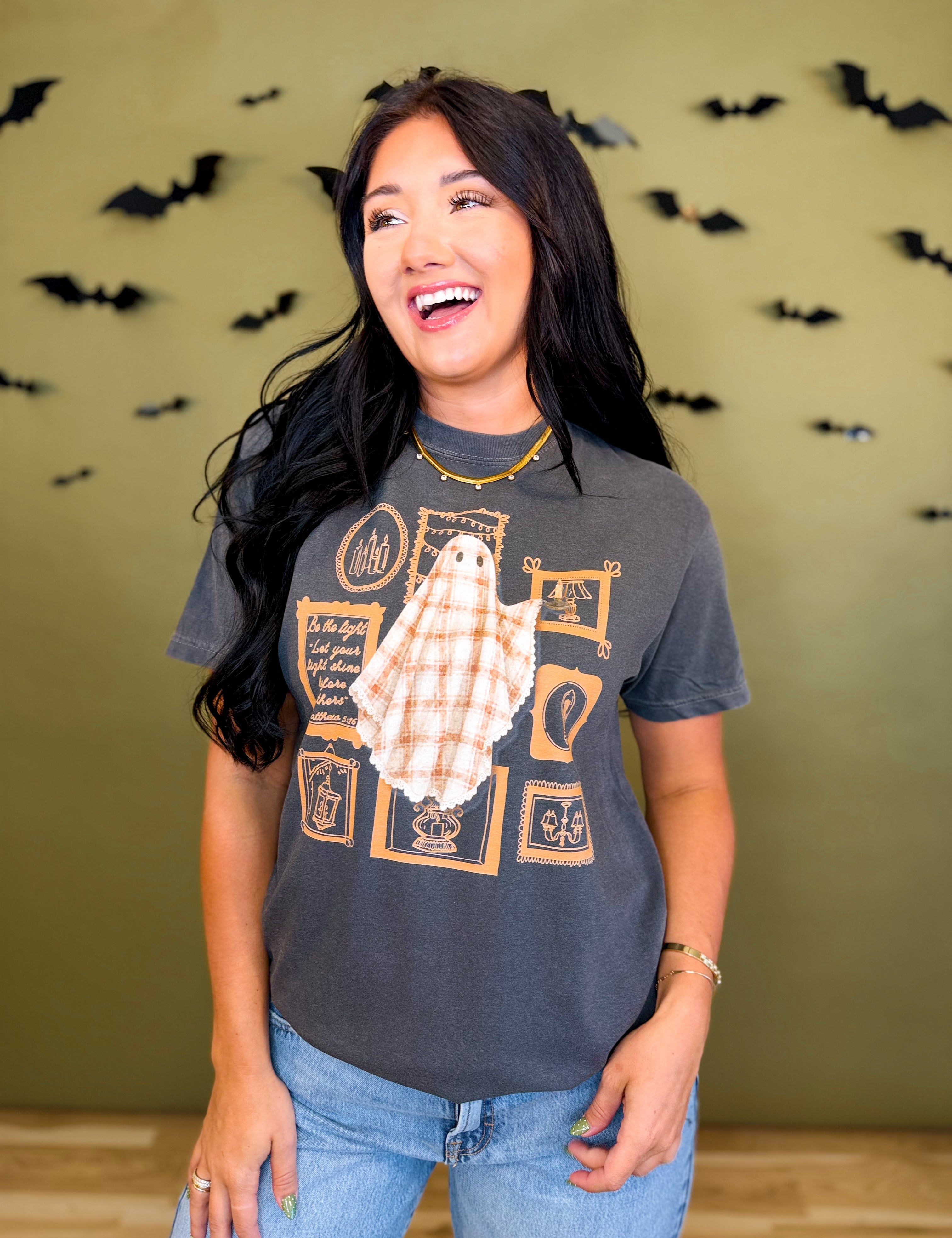 Be The Light Quilted Ghost Graphic Tee - Pepper - Lace and Grace Boutique