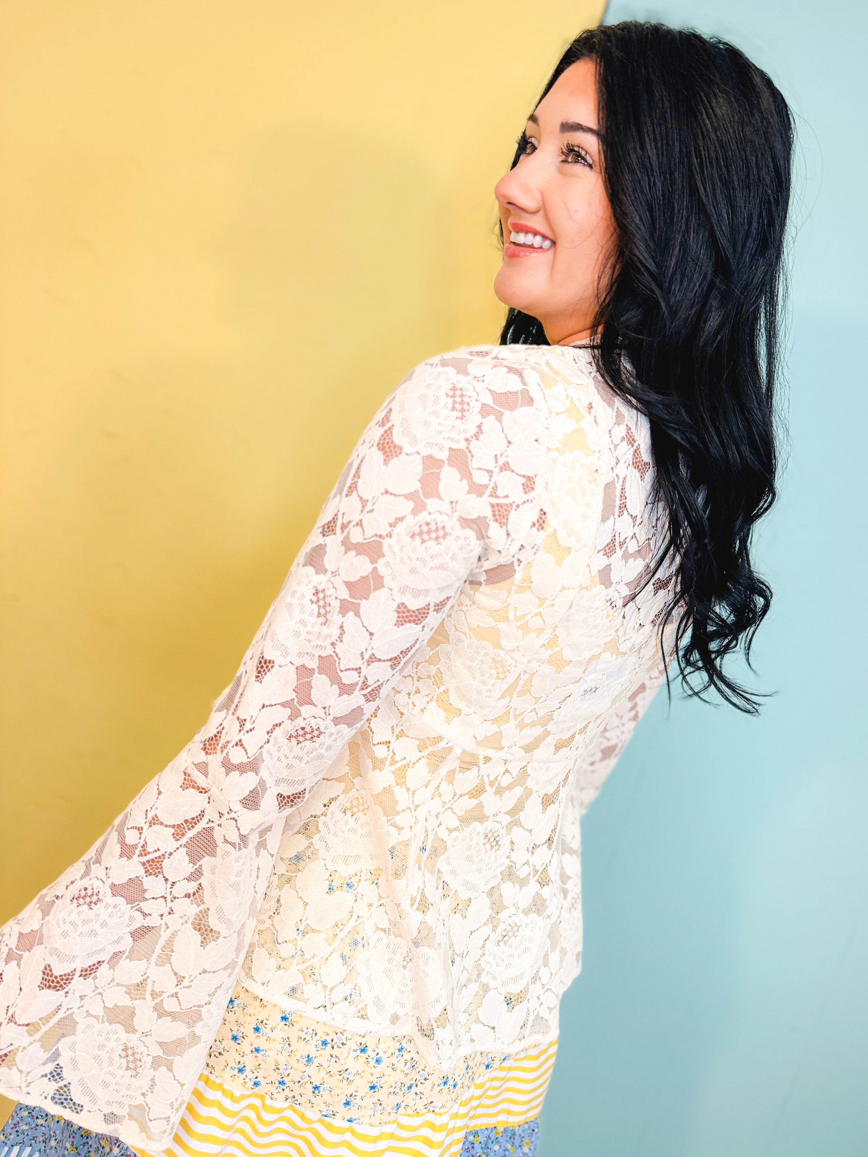 Floral Lace Trumpet Sleeve Hi-Lo Hem Blouse - Cream - Lace and Grace Boutique